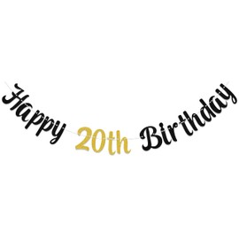 Happy 20th Birthday Banner, 20th Birthday Party Decoration, 20 & Fabulous, Hello 20, Adult 20 Birthday Decoration, 20 Years Old Birthday Anniversary Party Decor Supplies Black Glitter