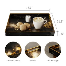 Decorative Coffee Table Trays，Coffee Tray for Countertop Decor，Bed Food Tray Living Room Decor，Black Gold Marble Pattern