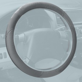 FH Group Universal Fit Perforated Genuine Leather Solid Gray Steering Wheel Cover Fits Most Cars, SUVs