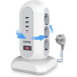 FDTEK Mehrfachsteckdose mit 3 USB-A und 1 USB-C Steckdosenleiste mit Zurückziehbar Kabel 1.65m Steckdosenturm Überspannungsschutz Steckdose Mehrfachstecker mit Schalter & 2 Handyhalterung für Zuhause