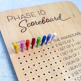 Wooden Phase 10 Score Board, Phase 10 Scoreboard Game, Phase 10 Scoreboard Round Tracker Board Card Games Night Table Score with 8 Colored Pegs,