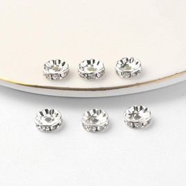 200Pcs 8mm Rondelle Spacer Beads Silver Plated Rhinestone Crystal Loose Beads for Necklaces Bracelets Jewelry Making