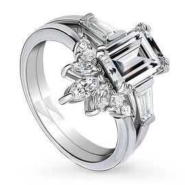 BERRICLE Sterling Silver 3-Stone Wedding Engagement Rings 2.1 Carat Emerald Cut Cubic Zirconia CZ Flower Ring Set for Women, Rhodium Plated Size 4