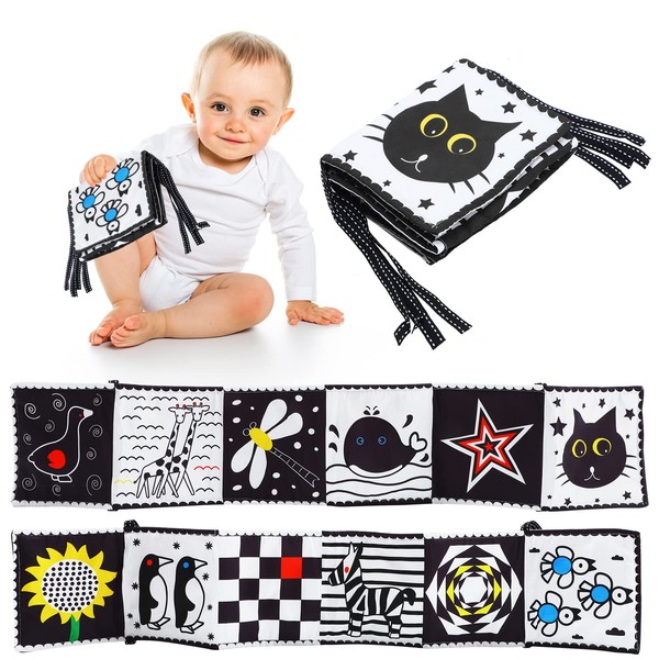 Clundoo Black & White Fabric Book, Picture Book Made of Fabric with Plants + Animals, Number Learning Toy for Toddlers, Perception Learning Toy, Gifts for Babies