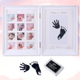 LEcylankEr Baby Handprint and Footprint Photo Album Baby Picture Frame First Year Anniversary Growth Record Baby Gifts, Foldable Double Use Photo Frame with Refillable Ink Pad (White)