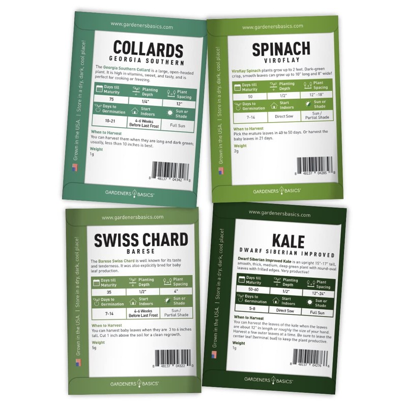 Gardeners Basics, 8 Leafy Garden Greens Seeds for Planting Individual