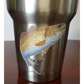 Qty. 2 Redfish Fishing Decals - Redhot Mini Cup UV Protected Red Drum Fish Stickers - Dishwasher Safe