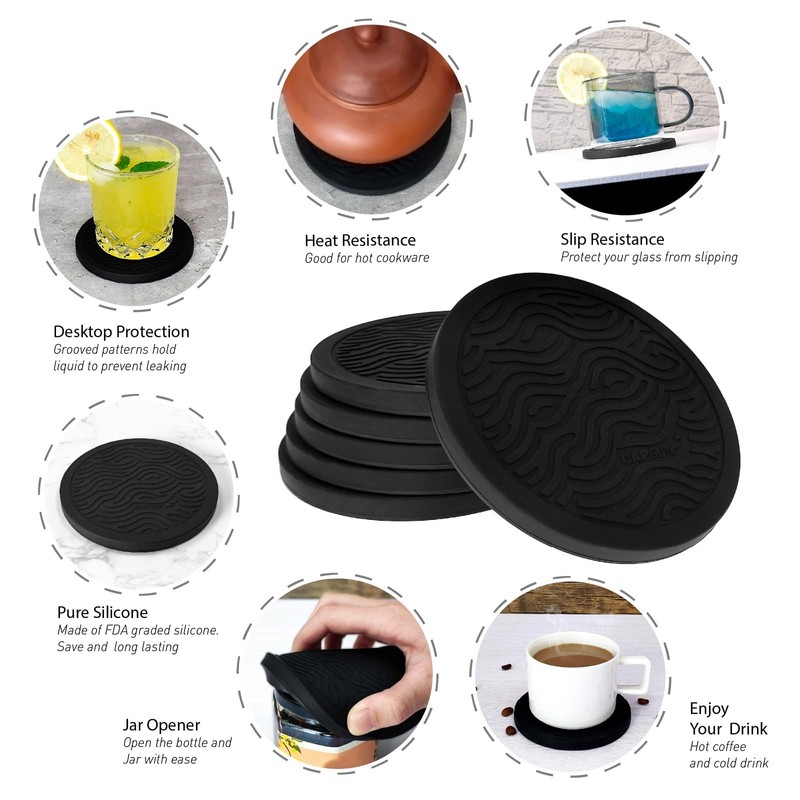 6 Pack Silicone Coasters Set with Holder - for Hot/Cold