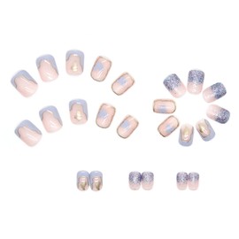 Press On Nails Short Square, Coffin Shape Full Cover Reusable False Nails with Glue, Stick On Nails with Designs, Artificial Fingernails Acrylic Fake Nails for Women, Glue On Nails Medium(Blue Style)