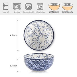 Selamica Ceramic 12 OZ Dessert Bowls Set, Ice Cream Bowls, 4.7 Inch Small Bowls for Snack, Side Dishes, Rice, Microwave Dishwasher Safe, Set of 6, Vintage Blue