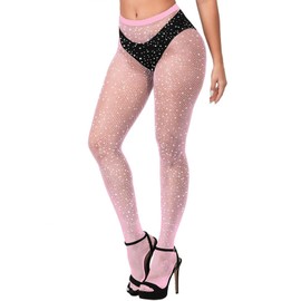 WULIQIUQIU Rhinestone Fishnets Stockings for Women Sparkly Pantyhose High Waist Tights Pink