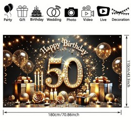 BlissYard Happy 50th Birthday Backdrop Banner 71x43 Inch Black and Gold Banner Balloons Milestone Photography Background Men Women Birthday Party Decoration for Indoor Outdoor Events Photo Booth Props