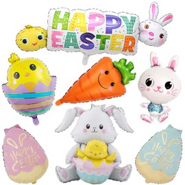 7 Pcs Oversized Easter Balloons, Easter Eggs, Bunny, Chicks, Carrots Foil Balloons, Easter Decorations for Easter Themed Party, Birthday Party