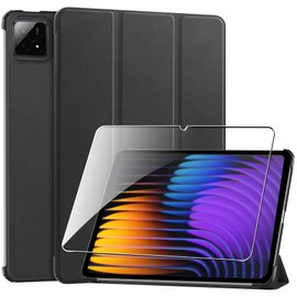 Case for Xiaomi Pad 7/7 Pro 11.2 inch,Protective Case with [1 Pack] Tempered Glass Screen Protector, [PU Leather] [Protective Ultra Thin][Stand Function] [Anti Scratch]-Black