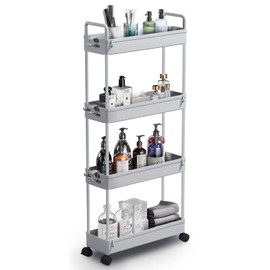 SOLEJAZZ Slim Storage Cart, 4 Tier Bathroom Organizer Mobile Shelving Unit, Rolling Utility Cart Slide Out Organizer for Kitchen, Bathroom, Laundry, Narrow Places, Gray