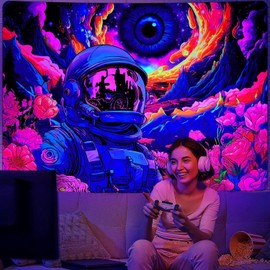 FENDROM Blacklight Astronaut Tapestry Hippie Eyes UV Reactive Flowers Plants Neon Galaxy Space Wall Hanging for Bedroom