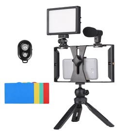 Smartphone Video Rig Vlog Kit Including Smartphone Cage with Phone Clamp 3 Cold Shoe Mounts + USB LED Video Light 3200K-5600K with 5pcs Color Filters + Microphone + Desktop Tripod + Remote