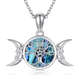 ONEFINITY Triple Moon Goddess Necklace 925 Sterling Silver Pentagram Pentacle Pendant Tree of Life Jewellery for Women