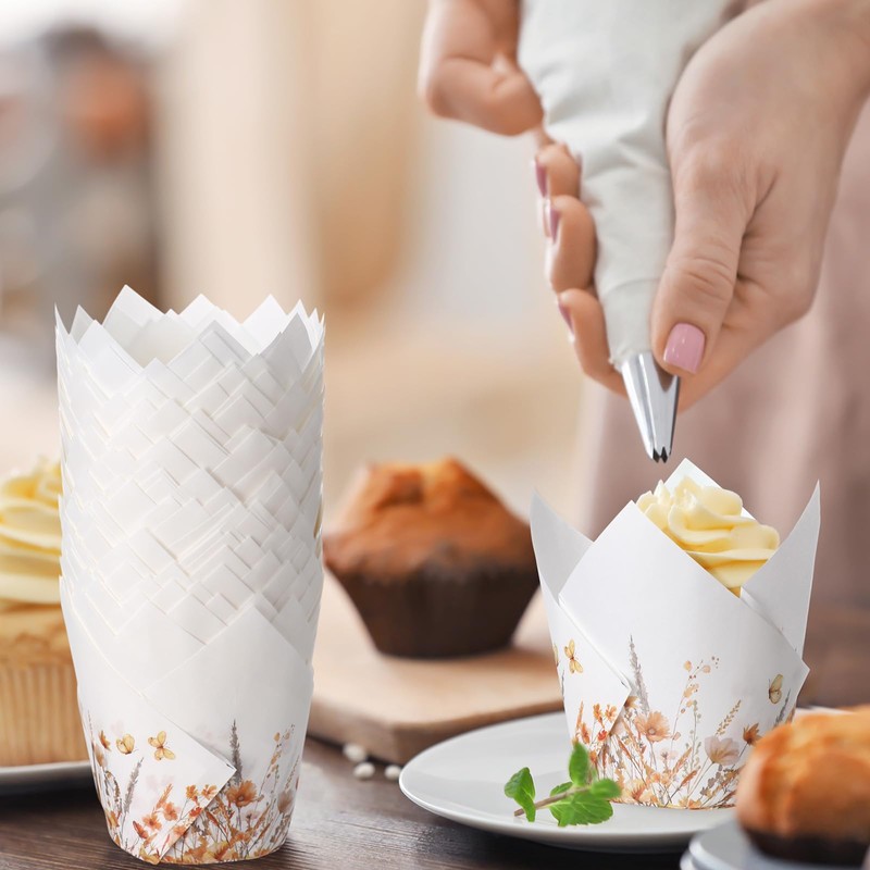 Maxdot 200 Pcs Fall Floral Tulip Cupcake Liners for Baking