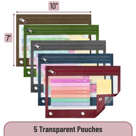 Mr. Pen- Pencil Pouch for 3 Ring Binder, 5 Pack, 10"x7", Smooth Zipper, Clear Window, Large Capacity Pencil Case with 3 Reinforced Grommets for School, Office, Supplies Storage