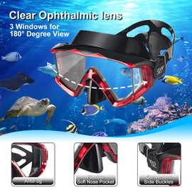 Snorkel Set Pano 3 Window Adult Snorkeling Gear, Professional Anti-Fog Snorkel Diving Mask, Anti-Leak Swim Goggles and Dry Top Snorkel for Scuba Diving, Snorkeling, Swimming (Red)