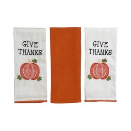 Serafina Home Fall Kitchen Dish Cloth Hand Towels: Give Thanks Thanksgiving Embroidered Pumpkin with Pom Pom Edging, 100% Cotton 15" x 25" for Hands, Drying or Hanging Decoration
