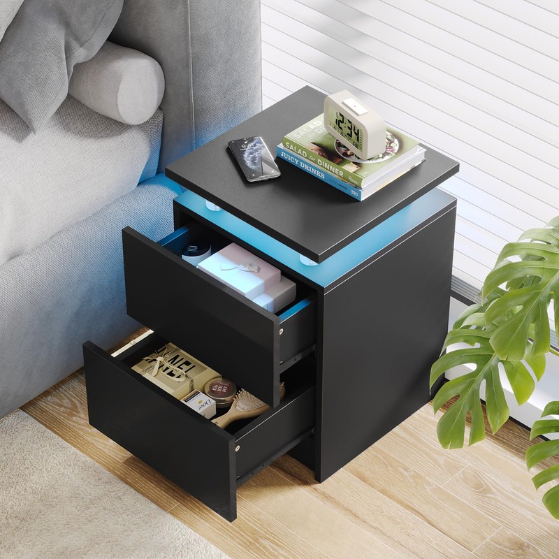 15" Black Nightstand Set of 2 with LED Lights, Modern
