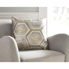 Signature Design by Ashley - Meiling Modern Throw Pillow - Geometric Pattern - Metallic White/Gold