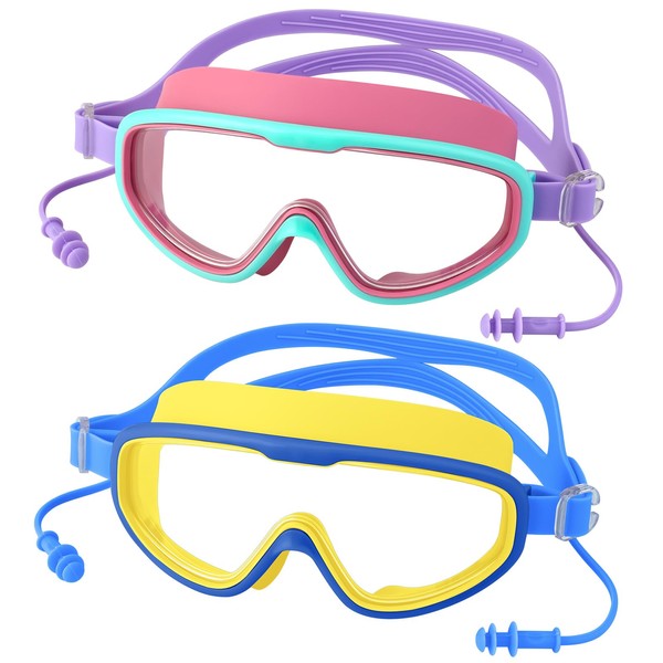 Zuimei 2 Pack Swimming Goggles Kids Toddler 3-15, Kids Swim Goggles with Earplugs, Panoramic View HD Perspective Swimming Goggles for Boys Girls, No Leaking Anti-Fog Waterproof