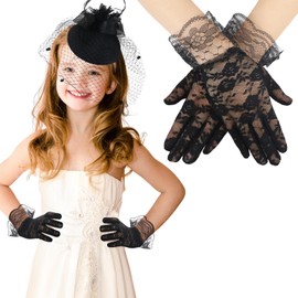 JenPen 2 Pcs Fascinator Hat for Girls Funeral Veil Hat Kids 50s Fascinator Black White Lace Hat and Gloves for Tea Party(Lace Black)
