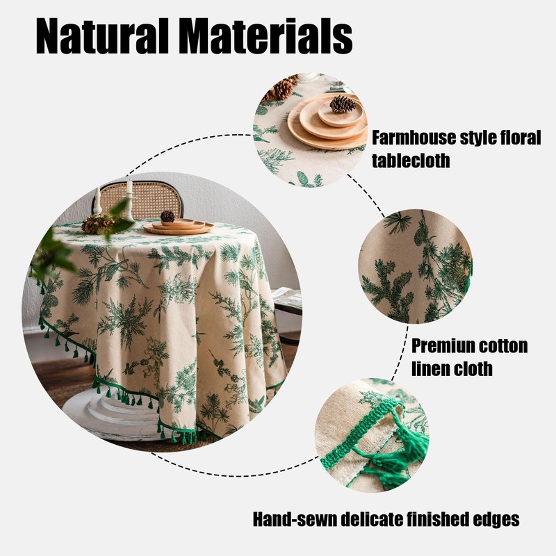 Circle Table Cloth - 150CM Round Tablecloth, Green Pine Branch