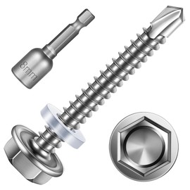Pack of 25 Self-Tapping Screws 4.8 x 38 mm, Hexagonal Drilling Screws, Stainless Steel Tapping Screws, Trapezoidal Sheet Metal Screws with Sealing Disc and Hex Socket Spanner