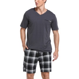 Vlazom Men's Pyjamas Set Short Sleeve Soft Pj's Top and Plaid Shorts for Sleepwear Loungewear with Pockets Black, M