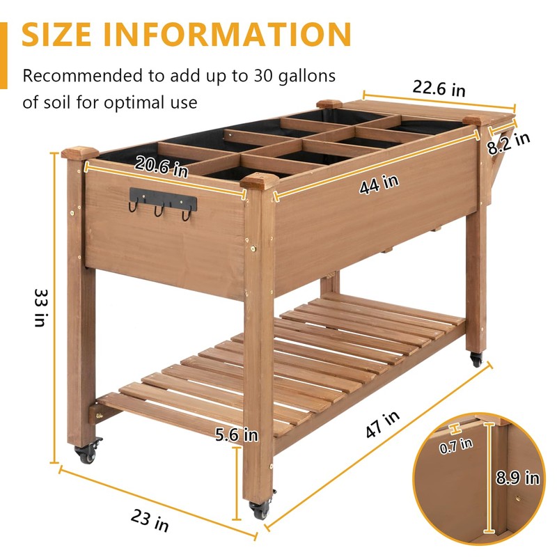 ketive Raised Garden Bed with Lockable Wheels Mobile Elevated Wood