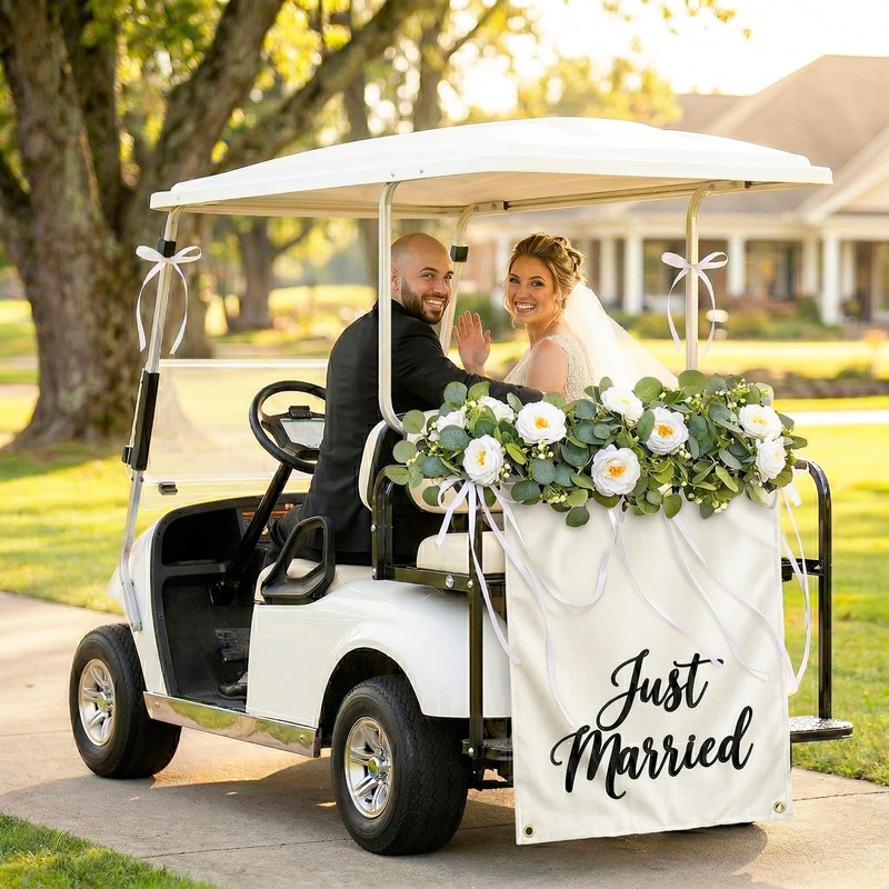 Just Married Wedding Backdrop Set with Just Married Sign, Eucalyptus