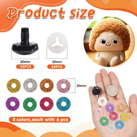 TOAOB 48 Set Glitter Safety Eyes for Amigurumis 20mm Round Crochet Eyes with Washers 8 Colors Doll Eyes for DIY Puppet Bear Stuffed Animals Making