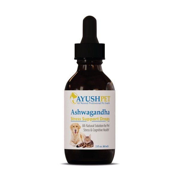 Ayush Pet Stress Support Ashwagandha Drops, Calm and Focus for Dogs or Cats, Alcohol Free Supplement, 2 oz.