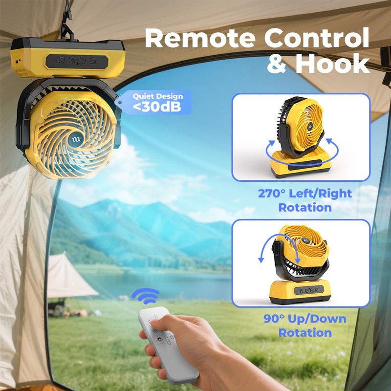 30000mAh Portable Camping Fan with RGB Lantern, Rechargeable Battery Powered