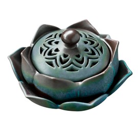 Incense Container Retro Incense Burner Exquisite Incense Burner Incense Holder Incense Bowl for Home Office Yoga Decoration with Metal Lid and Fireproof Mat (Green, Lotus Shape)