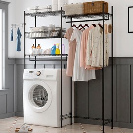 DYTesa Over Washer and Dryer Shelves, 75" H Heavy Duty Laundry Room Storage Organization Rack, 4 Tier Adjustable Clothes Drying Rack with Wire Basket, Hanger Rod & Hook, Space Saving Shelf