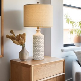 PoKat 24" Modern Contemporary Ceramic Lamp Set of 2 for Living Room White Desk Decor Lamps for Bedroom Farmhouse Bedside Nightstand End Table Lamps, White