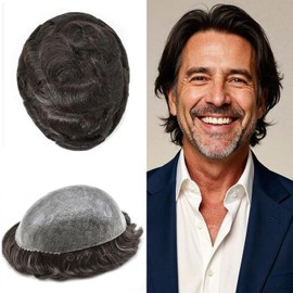 PUNRU HAIR Toupee Hair System for Mens Hairpiece 0.1mm Full Poly Skin Men's Toupee Human Hair Replacement System Durable Hairpieces for Men #210#2 Darkest Brown+10% Gray 8x10 120% Density