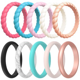 ThunderFit Silicone Wedding Rings for Women, Swivel and Thin 10 Mixed Rubber Engagement Bands (Light Blue, Faint Red, Pink Sand, Rice White, Rose Gold, Marble, Black, Teal, Peach - 7.5-8 (18.2mm))