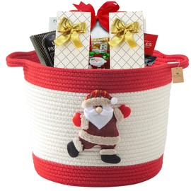 HomeyPine Christmas Basket with Santa Claus Doll, Woven Cotton Rope Storage Basket for Baby, Nursery Hamper with Handles, Red Storage Baskets for Nursery, Kids Room Organizer, Cat Dog Toy Storage