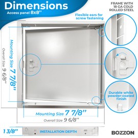 BOZZON Access Panel for Drywall 8 x 8 inch – Metal Door with Screwdriver Latch, 18 GA Steel Frame, Wall Hole Cover, Plumbing Access Door, White