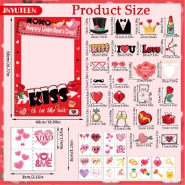 32 Pcs Valentine’s Day Photo Booth Props, Selfie Photo Props Frame Props with Tattoo Stickers, Romantic Photo Booth Posing Props Party Frame Props for Weddings Valentines Party Supplies