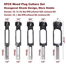 SICWOOD 5PCS Wood Plug Cutters Set, Wood Tenon Maker Dowel Pocket Hole Plug Cutters, Woodworking Drill Bit, Suiatble for Making 3/8" 1/2" 5/8" 3/4" 1" Wood Dowel Pins- (Wood Plug Cutters)