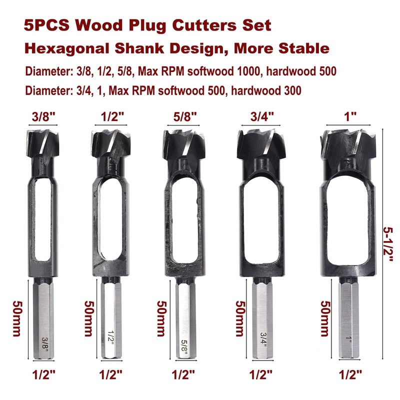 SICWOOD 5PCS Wood Plug Cutters Set, Wood Tenon Maker Dowel