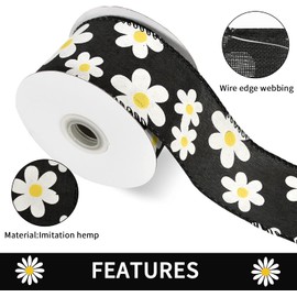 GorinsKani 10 Yard 2.5" Daisy Ribbon with Wired Edge Summer Spring Flower Ribbon for Gift Wrapping Party Decoration (Black)