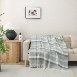 Faux Mohair Stripe Design All Seasons Super Soft Cozy Throw Blanket 50" x 60", Lightweight Comfy Warm Plush Throw Blankets for Couch, Sofa, Bed (Green)